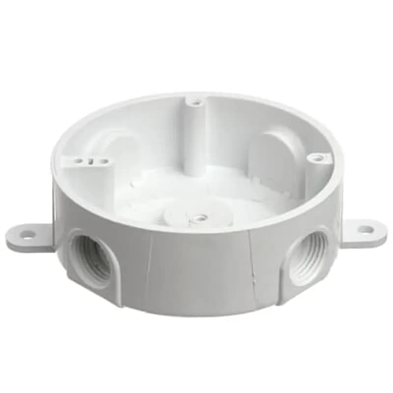 Round Weatherproof T-Box, Volume 13.5 Cubic Inches, Diameter 4.93 Inches, Depth 1.50 Inches, Cable Entry Size 1/2 Inch, Material PVC, Color White, Pack of 8