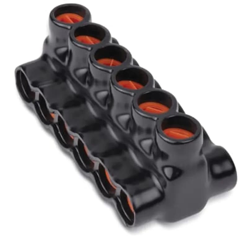 ABB - Installation Products AMTD35066 - AMT 6 Multi-Port Both Sides PVC Connector, Ultraviolet Resistant, Wire Range 350 kcmil-6 Str, Length 6.30 Inches, Width 3.0 Inches, Height 2.5 Inches, Hex Size 3/8 Inch, Black Insulation