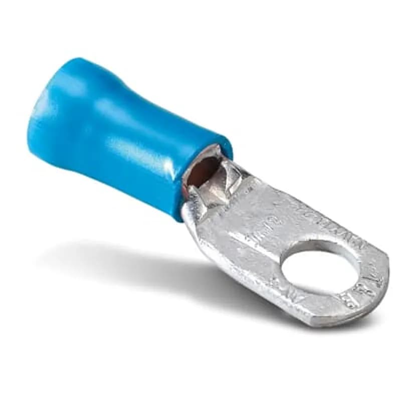 Vinyl Insulated Large Ring Terminal, Length 1.76 Inches, Width .61 Inches, Maximum Insulation .420, Bolt Hole 3/8 Inch, Wire Range 6, Color Blue, Copper, Tin Plated, 200 Pack