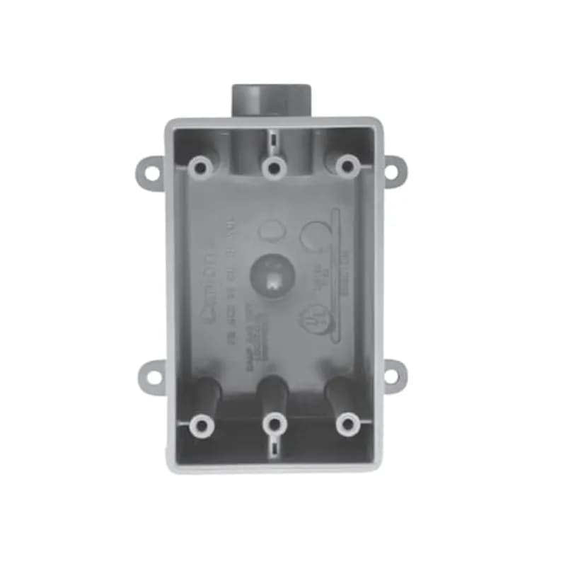 1/2 Inch Single gang FDE deep device box for dead-end terminations where large devices or additional wiring capacity is reqired. CSA Certified. UL Listed. Ground lug included. Integral mounting feet provide easy mounting. Volume Cubic Inches 25