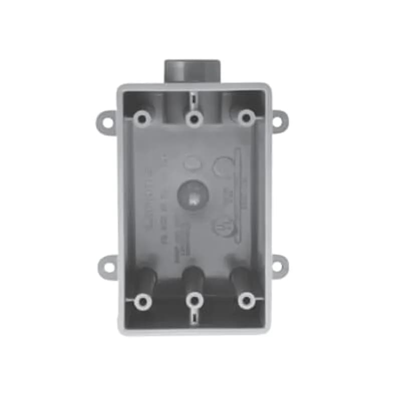 3/4 Inch Single gang FDE deep device box for dead-end terminations where large devices or additional wiring capacity is reqired. CSA Certified. UL Listed. Ground lug included. Integral mounting feet provide easy mounting. Volume Cubic Inches 25