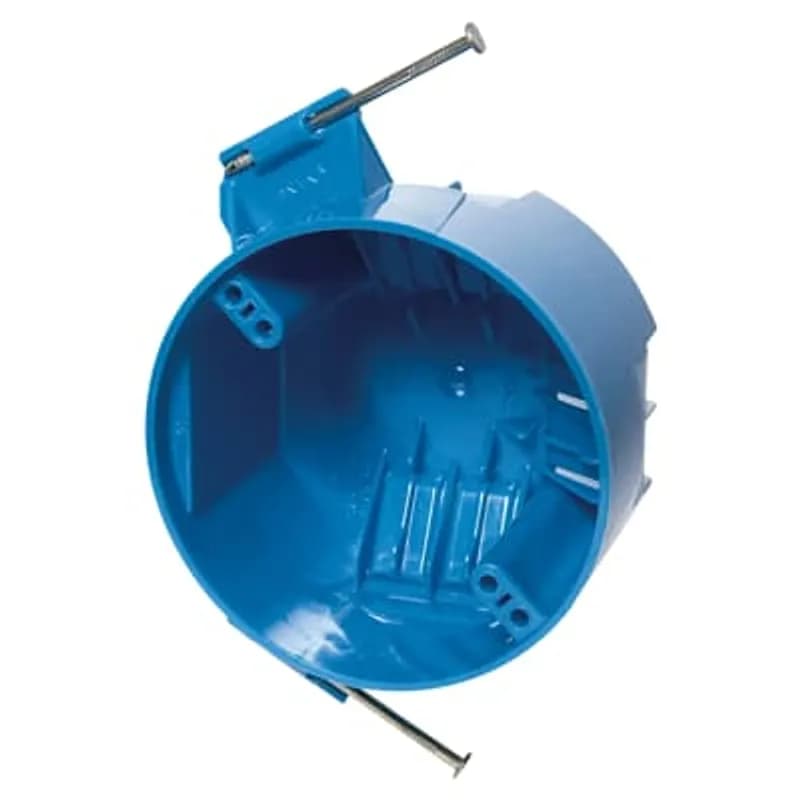 Ceiling Box, Volume 20 Cubic Inches, Diameter 4 Inches, Depth 2-1/4 Inches, Color Blue, Material Polycarbonate, Mounting Means Captive Nails, Fixture Spacing for 2-3/4 Inches and 3 Inches
