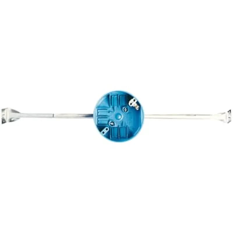 Round Ceiling Box, Volume 20 Cubic Inches, Diameter 4 Inches, Depth 2-1/4 Inches, Color Blue, Material Polycarbonate, Mounting Means 14.38 Inches - 22.50 Inches Adjustable Bar Hanger, Ground Lug, and Screw Attached