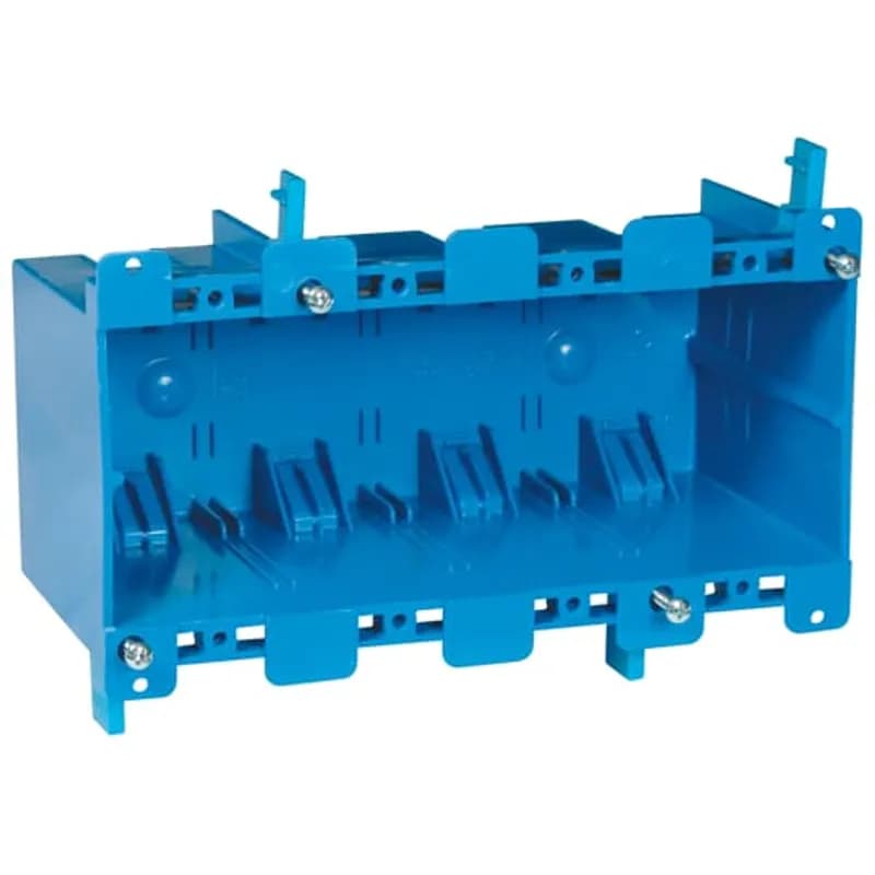 Four-Gang Old Work Outlet Box, Volume 71 Cubic Inches, Length 7.57 Inches, Width 2.89 Inches, Depth 3.56 Inches, Color Blue, Material PVC, Mounting Means Mounting Ears and Two Swing Clamps