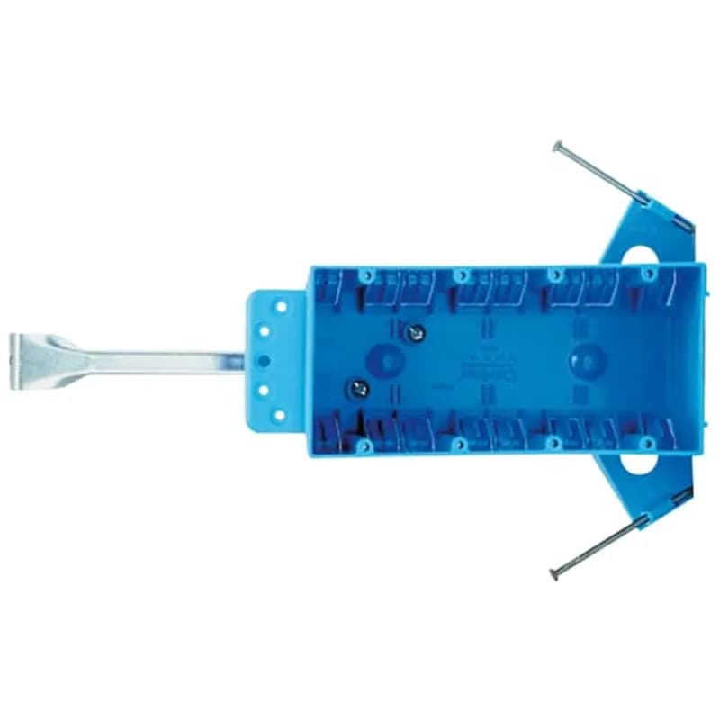 ABB - Installation Products B455AH - Four-Gang Nail-On New Work Outlet Box, Volume 60 Cubic Inches, Length 7-5/8 Inches, Width 3-11/16 Inches, Depth 2-1/2 Inches, Color Blue, Material PVC, Mounting Means Captive Nails, Bracket Support, and Hanger Bar