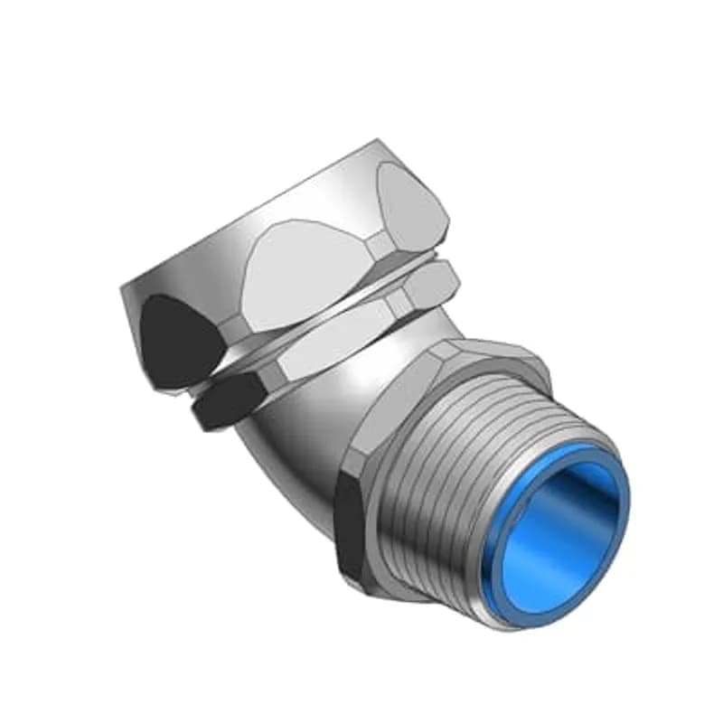 ABB - Installation Products 5345SSTHT - 1-1/4 Inch Insulated Liquidtight High Temperature Connector to 45 Degree. Body, Gland, Locknut and Ground Cone Material to stainless Steel. Sealing Ring and Insulator to high Temperature Rated Thermoplastic, Zinc Plating With Clear Chromate