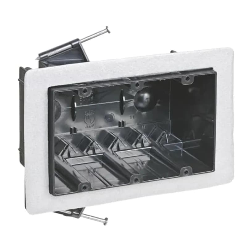 Three-Gang Vapor-Tight Box, Volume 54 Cubic Inches, Length 3-1/2 Inches, Width 5-5/8 Inches, Depth 3-1/4 Inches, Color Black, Material Polycarbonate, Mounting Means Angled Side Nails