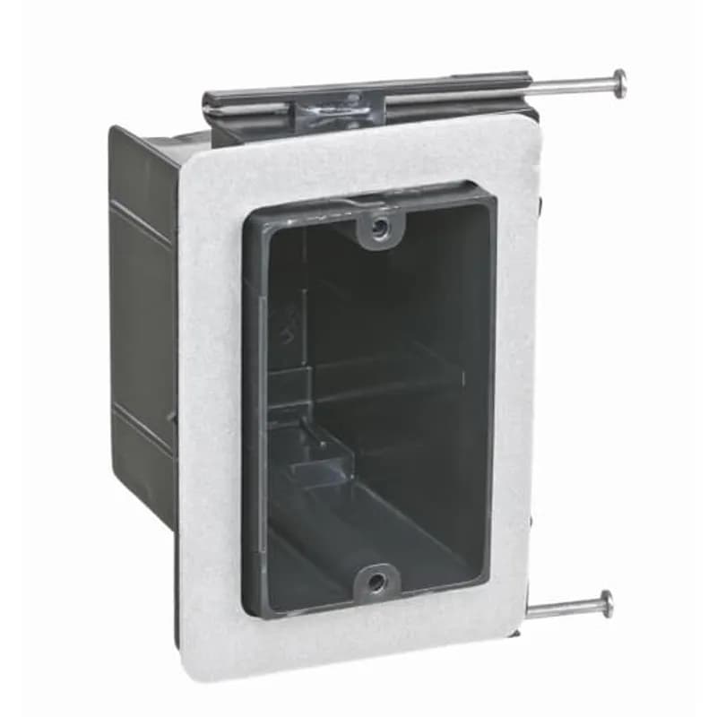 One-Gang Vapor-Tight Box, Volume 22.5 Cubic Inches, Length 3-5/8 Inches, Width 2-1/4 Inches, Depth 3-5/8 Inches, Color Black, Material Polycarbonate, Mounting Means Angled Side Nails