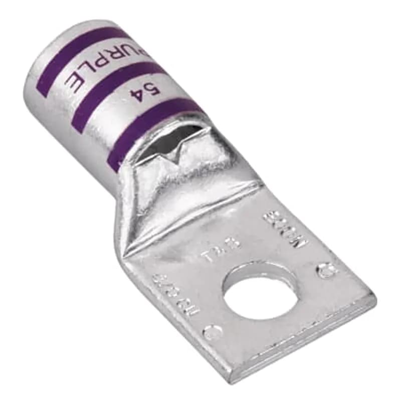 Copper One-Hole Lug, Standard Barrel, Peep Hole, Max 35kV, Wire Size 4/0 AWG, 3/8 Inch Bolt Size, 3/8 Inch Hole Spacing, Nickel Plated, Die Code 54, Die Color Code Purple 54