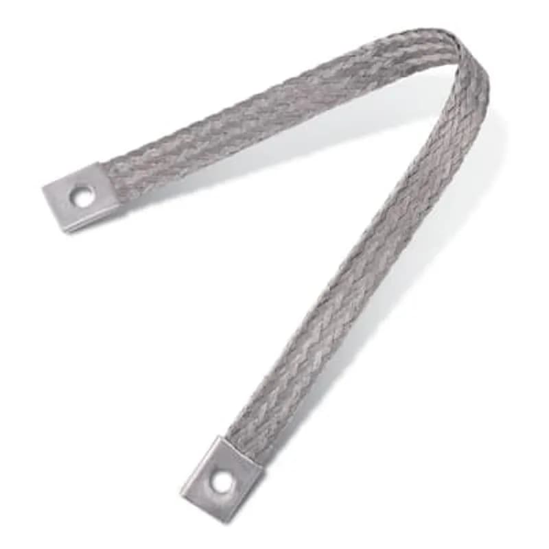 ABB - Installation Products FB2D12 - Tinned Copper Flexible Braid Connector for Grounding, 12 inch length x 1.25 inch wide x .25 inch thick, Number of Braids in Assembly 2 - 1 Across and 2 Layers Thick. Pad 1.25 inch wide x 2.5 inch long. .438 inch Diameter holes with 1.25 inch Center to Center Spacing. 153600 Circular Mil Area, Bolt Holes 7/16.