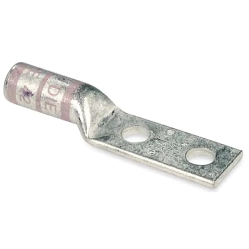 Copper Two-Hole Lug, Long Barrel - Narrow tongue, Peep Hole, Max 35kV, Wire Size 700 kcmil, 1/2 Inch Bolt Size, 1-3/4 Inch Hole Spacing, Tin Plated, Die Code 42, Die Color Code Pink
