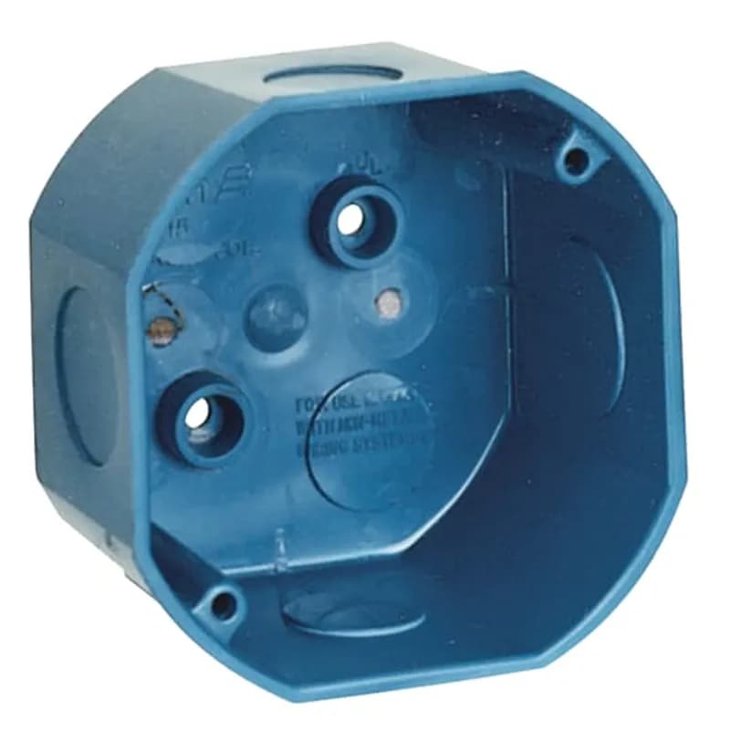 4 Inch 20.5 Cubic Inch ENT non-metallic octagon ceiling box with 1/2 Inch and 3/4 Inch knockouts.