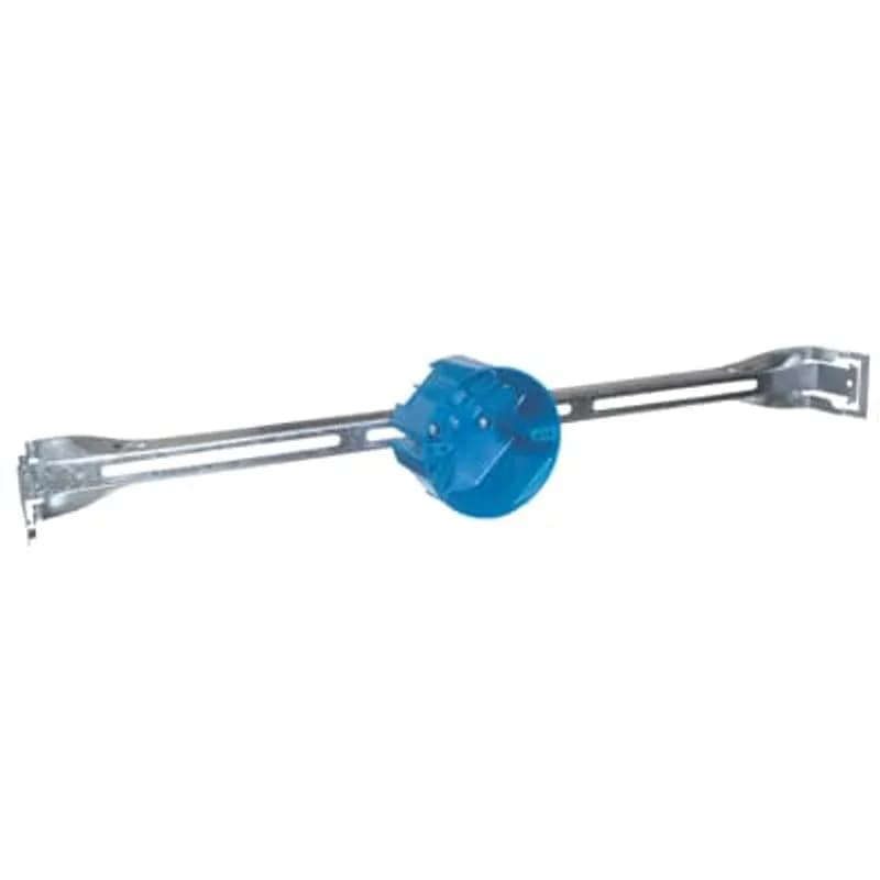 Round Ceiling Box, Volume 20 Cubic Inches, Diameter 4 Inches, Depth 2-1/4 Inches, Color Blue, Material Polycarbonate, Mounting Means 24 Inch T-Grid Bar Hanger