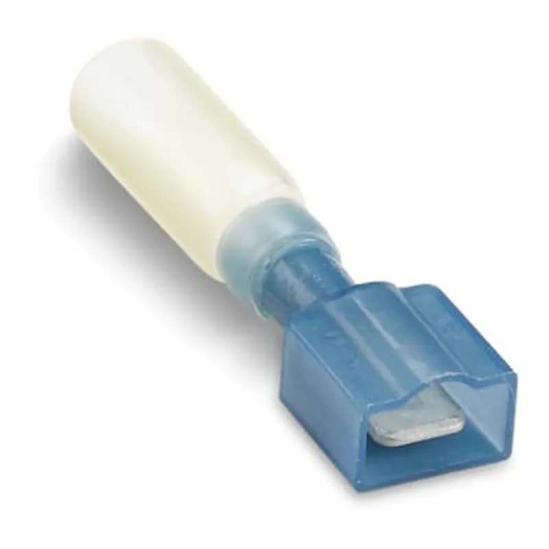 Heat-Shrinkable Fully Insulated Male Tab, Length 1.75 Inches, Maximum Insulated .200, Tab Size .250x.032, Wire Range #16-14 AWG, Color Blue, Copper, Tin Plated
