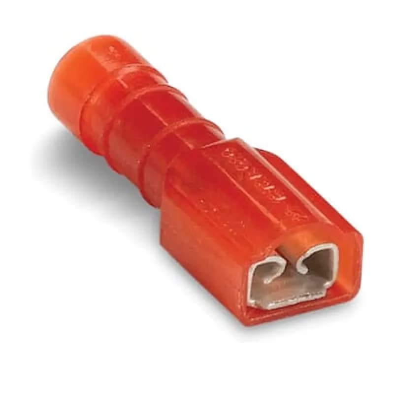 ABB - Installation Products RAD18377M - Nylon-Insulated Female Disconnect, Length .89 Inches, Width .30 Inches, Maximum Insulation .150, Tab Size .187x.032 Wire Range #22-#18 AWG, Color Red, Copper, Tin Plated, On Mylar Tape, 1,000 Pack