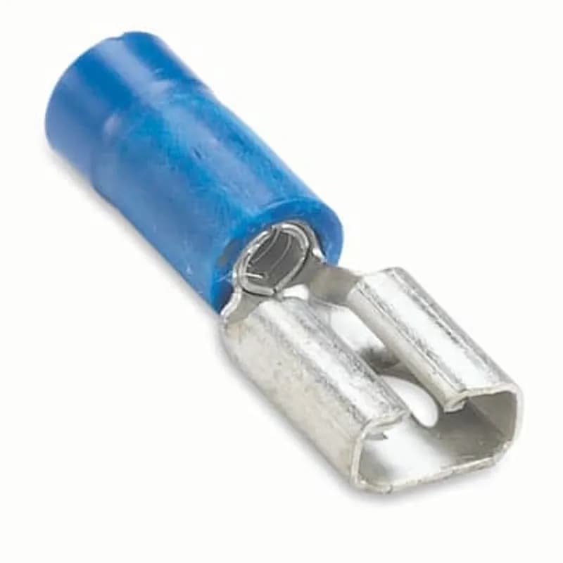 ABB - Installation Products RBD1827M - Vinyl Insulated Female Disconnect, Length .85 Inches, Width .23 Inches, Maximum Insulation .170, Tab Size .187x.020 Wire Range #16-#14 AWG, Color Blue, Copper, Tin Plated, On Mylar Tape, 1,000 Pack