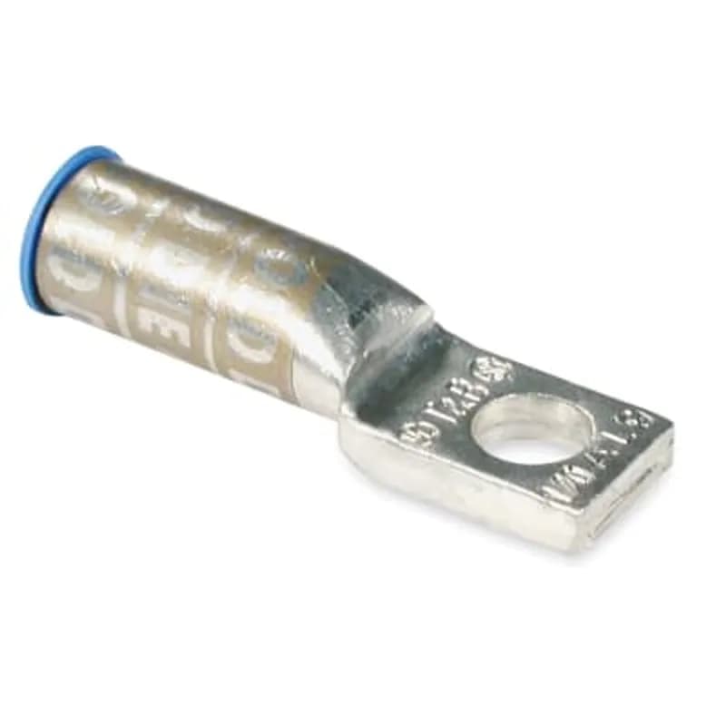 Aluminum One-Hole Compact-Size Equipment Lug, Short Barrel, Blind End, Max 35kV, 1/0 AWG Wire, 3/8 Bolt Size, Tin Plated, Neoprene Insulating Cover, Die Code 45, Die Color Code Gold