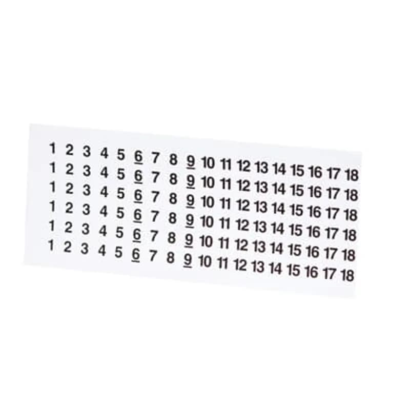 Wire Marking Card - Vinyl Cloth with Adhesive Backing, Legend 55-72, 18 Markers per Card. Card Size 4 inch x 9-1/4 inch. 1/2 inch wide Character Strips, Black Letters on White Background.
