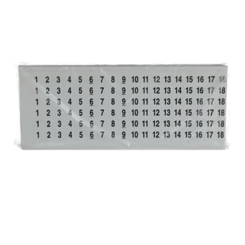 Wire Marking Card - Vinyl Cloth with Adhesive Backing, Legend 1-18, 18 Markers per Card. Card Size 4 inch x 9-1/4 inch. 1/2 inch wide Character Strips, Black Letters on White Background.