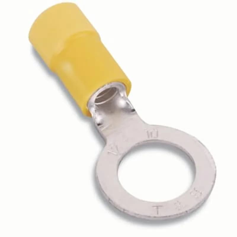Expanded Vinyl Insulated Ring Terminal, Length 1.06 Inches, Width .31 Inches, Maximum Insulation .250, Bolt Hole #8, Wire Range #12-#10 AWG, Color Yellow, Copper, Tin Plated, 500 Pack