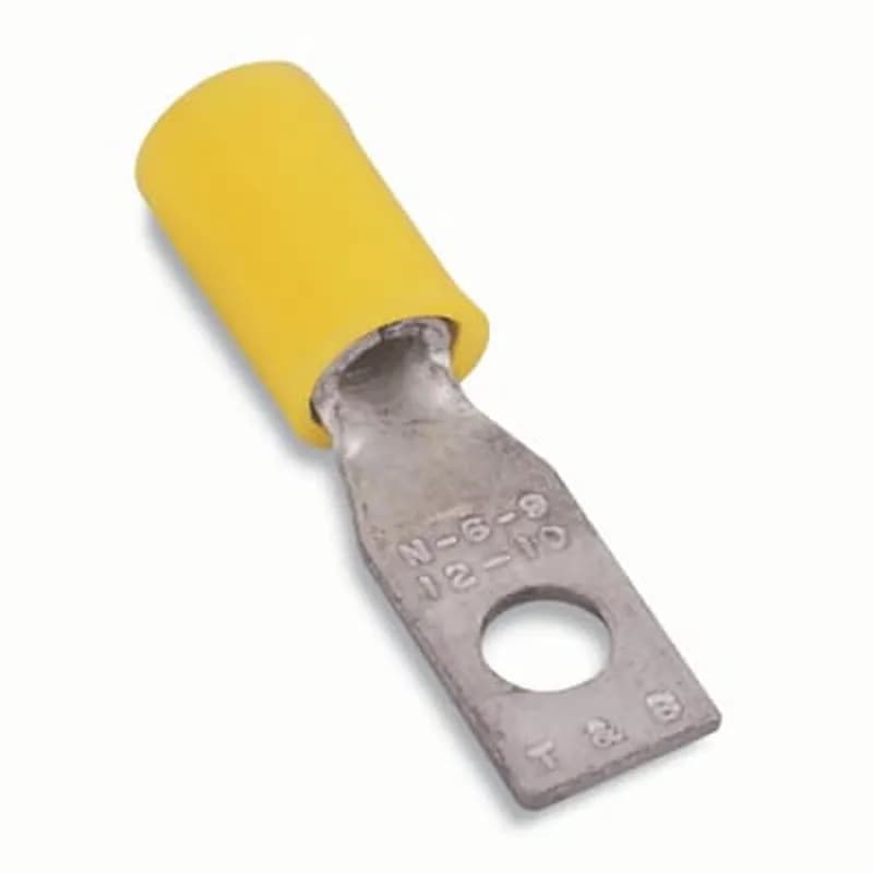 Nylon Insulated Rectangular Ring Terminal, Length 1.046 Inches, Width .277 Inches, Bolt Hole #5, Wire Range #12-#10 AWG, Color Yellow, Copper, Tin Plated
