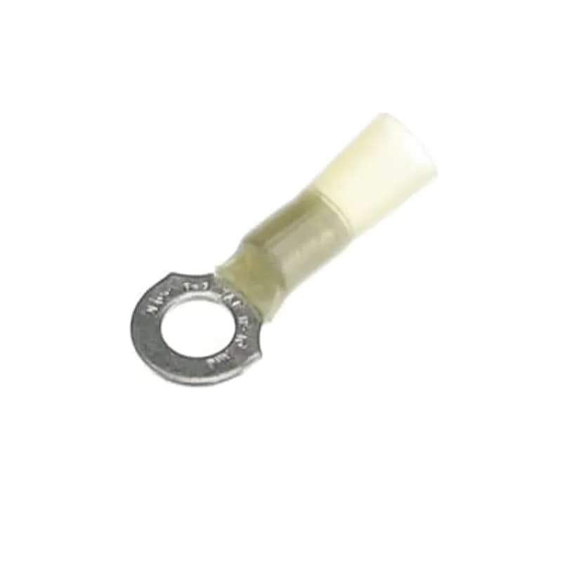 Heat Shrinkable Ring Terminal, Length 1.34 Inches, Width .49 Inches, Maximum Insulation .250, Bolt Hole 1/4 Inch, Wire Range #12-#10 AWG, Color Yellow, Copper, Tin Plated
