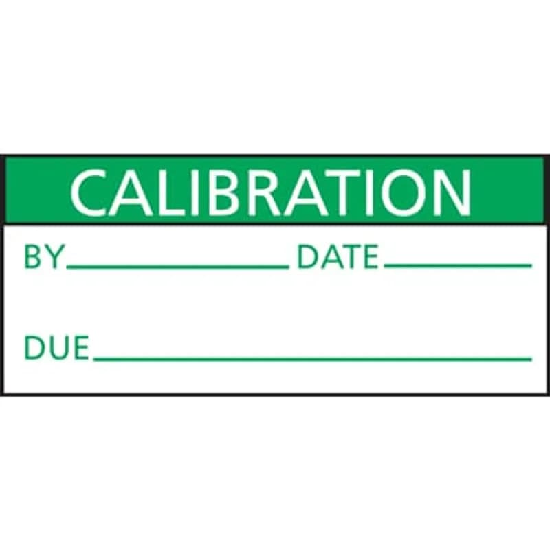 Write-On Control Markers, Vinyl, Legend CALIBRATION BY ____ DATE ____ DUE ____, Marker Size 1.5 x .63, 14 Markers per Card, Green/White. Package of 25 Cards. Card Size 4 inch x 5 inch. 4 MIL White Drumcal Vinyl.