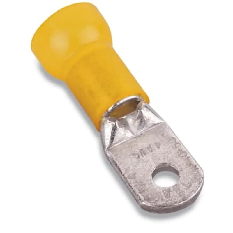 Nylon Insulated Large Ring Terminal, Length 1.90 Inches, Width .82 Inches, Maximum Insulation .500, Bolt Hole 1/2 Inch, Wire Range 4, Color Yellow, Copper, Tin Plated, 100 Pack