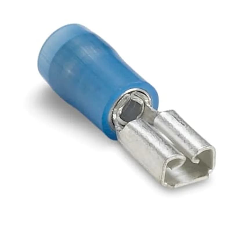 ABB - Installation Products RBD1823M - Nylon Insulated Female Disconnect, Length .83 Inches, Width .23 Inches, Maximum Insulation .163, Tab Size .187x.020, Wire Range #16-#14 AWG, Color Blue, Copper, Tin Plated, On Mylar Tape, 1,000 Pack