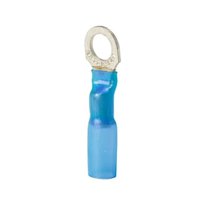 Heat Shrinkable Locking Fork Terminal, Length 1.350 Inches, Width .29 Inches, Maximum Insulation .200, Bolt Hole #8, Wire Range #16-#14 AWG, Color Blue, Copper, Tin Plated