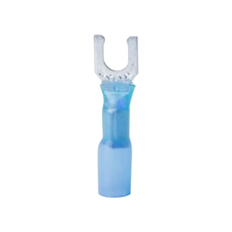 Heat Shrinkable Locking Fork Terminal, Length 1.350 Inches, Width .25 Inches, Maximum Insulation .200, Bolt Hole #8, Wire Range #16-#14 AWG, Color Blue, Copper, Tin Plated