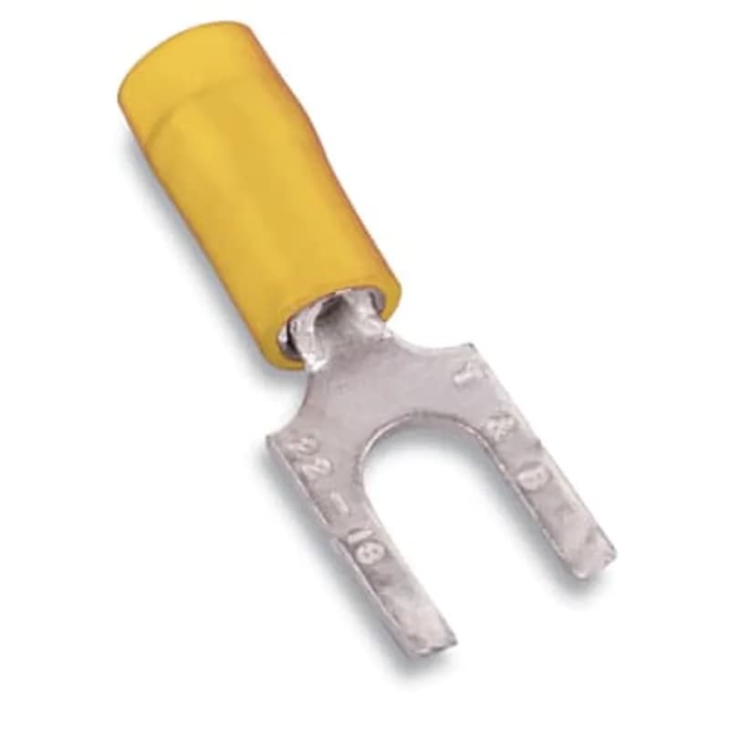 Nylon Insulated Fork Terminal with Flanged Tongue, Length 1.00 Inches, Width .38 Inches, Maximum Insulation .210, Bolt Hole #10, Wire Range #12-#10 AWG, Color Yellow, Copper, Tin Plated