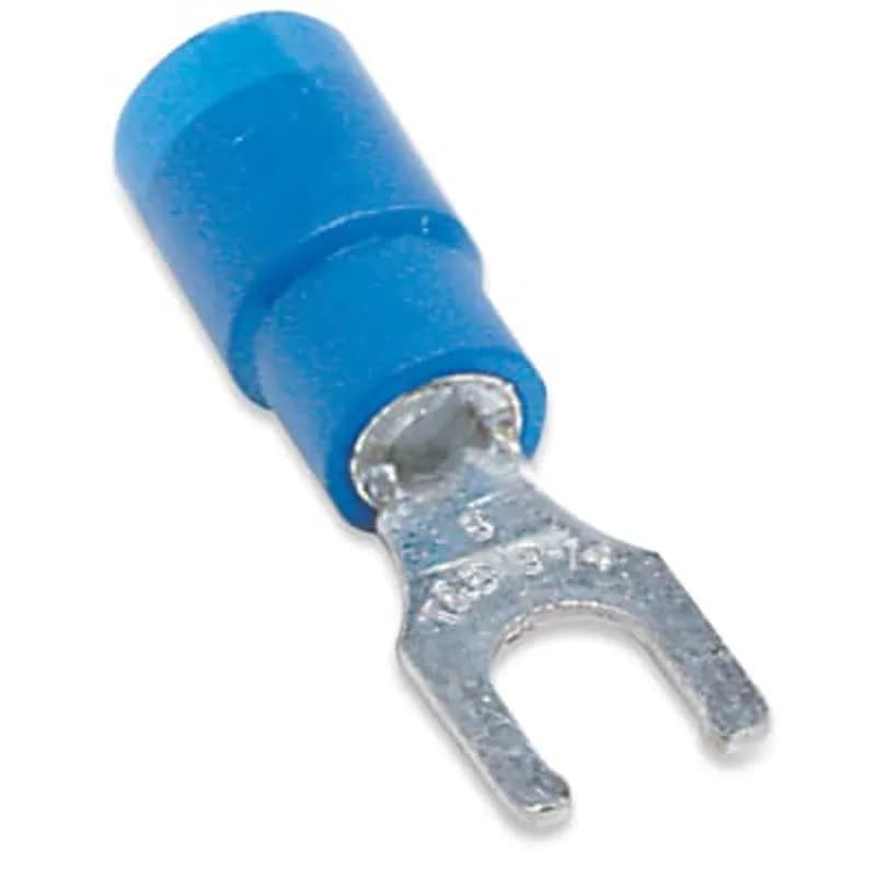 ABB - Installation Products RB2257-200M - Expanded Vinyl Insulated Locking Fork Terminal, Length .97 Inches, Width .31 Inches, Maximum Insulation .200, Bolt Hole #10, Wire Range #18-#14 AWG, Color Blue, Copper, Tin Plated, On Mylar Tape, 1,000 Pack