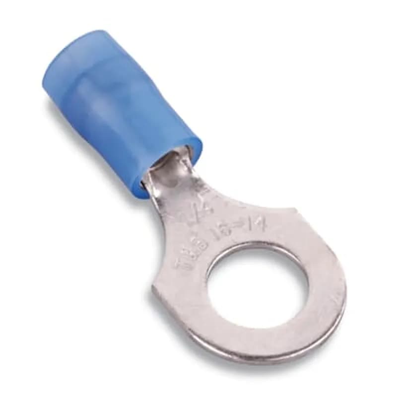 ABB - Installation Products RB713 - Nylon Insulated Ring Terminal, Length 1.08 Inches, Width .47 Inches, Maximum Insulation .162, Bolt Hole 1/4 Inch, Wire Range #18-#14 AWG, Color Blue, Copper, Tin Plated, 1,000 Pack