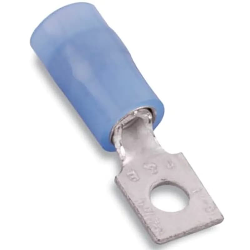 Nylon Insulated Rectangular Ring Terminal, Length 1.359 Inches, Width .390 Inches, Bolt Hole #8, Wire Range #16-#14 AWG, Color Blue, Copper, Tin Plated