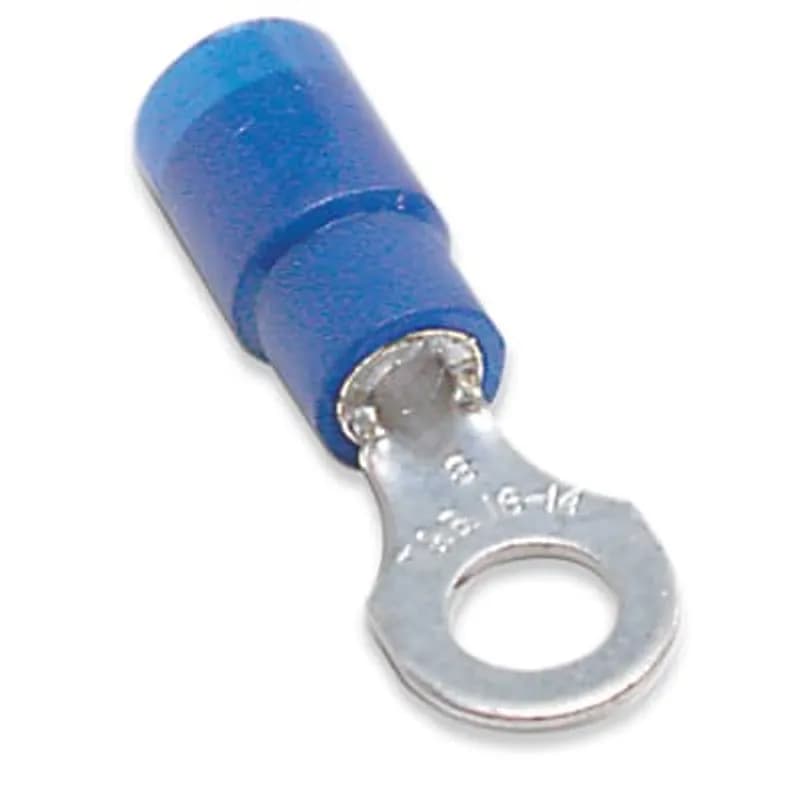 Nylon Insulated Expanded Entry Ring Terminal, Length .95 Inches, Width .31 Inches, Maximum Insulation .190, Bolt Hole #10, Wire Range #18-#14 AWG, Color Blue, Copper, Tin Plated, 1,000 Pack
