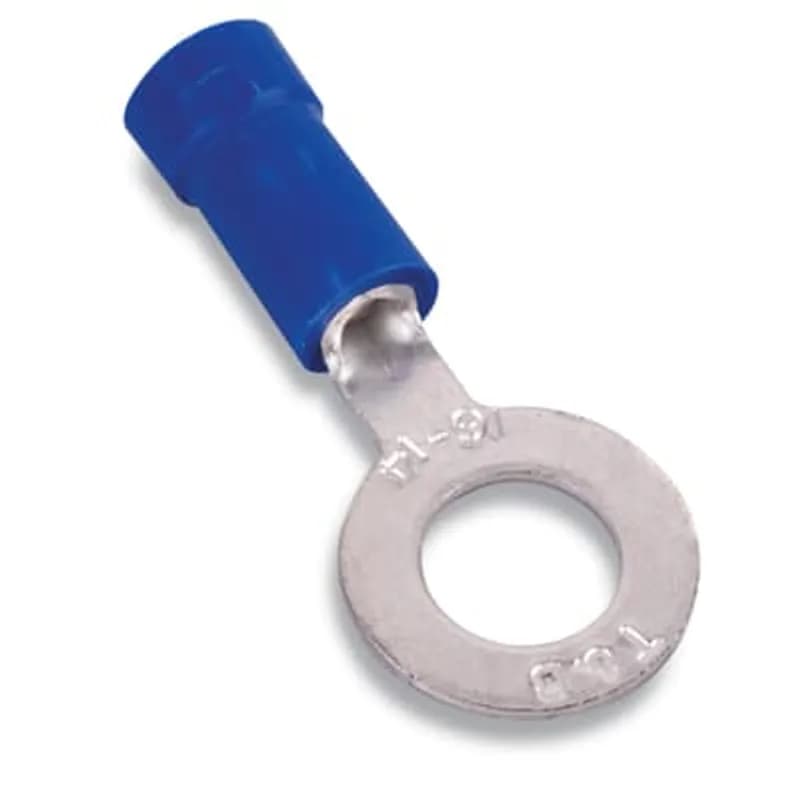 ABB - Installation Products RB867-200M - Vinyl Insulated Ring Terminal, Length .97 Inches, Width .31 Inches, Maximum Insulation .200, Bolt Hole #8, Wire Range #18-#14 AWG, Color Blue, Copper, Tin Plated, On Mylar Tape, 1,000 Pack