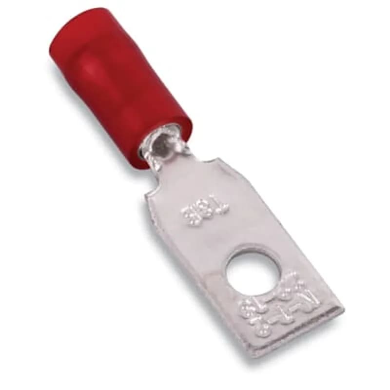 Nylon Insulated Rectangular Ring Terminal, Length 1.109 Inches, Width .302 Inches, Bolt Hole #6, Wire Range #22-#18 AWG, Color Red, Copper, Tin Plated