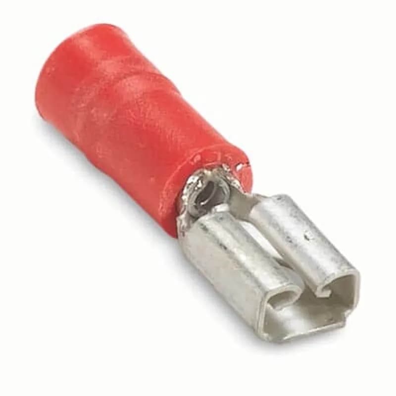 Vinyl-Insulated Female Disconnect, Length .85 Inches, Width .23 Inches, Maximum Insulation .150, Tab Size .187x.020 Wire Range #22-#18 AWG, Color Red, Copper, Tin Plated, 1,000 Pack