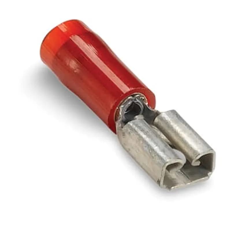 ABB - Installation Products RA2577FM - Nylon Insulated Open Top 90 Degree Flag Female Disconnect Terminal, Length .80 Inches, Width .71 Inches, Maximum Insulation .170, Tab Size .250x.032, Wire Range #22-18 AWG, Color Red, Copper, Tin Plated, On Mylar Tape, 500 Pack