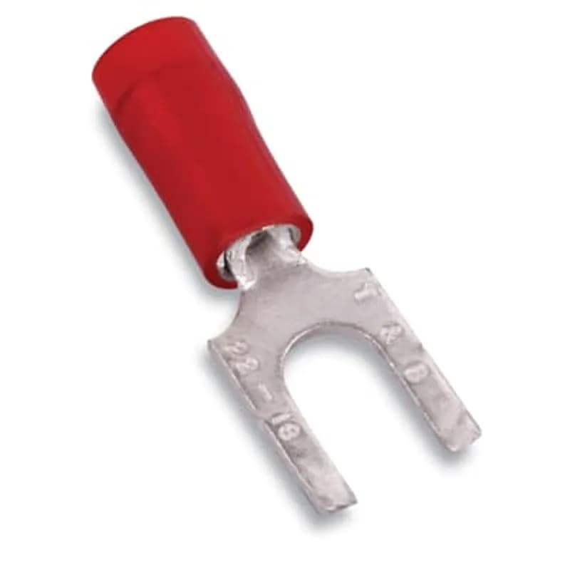 ABB - Installation Products RA18-6FS - Nylon Insulated Fork Terminal with Flanged Tongue, Length .75 Inches, Width .28 Inches, Maximum Insulation .136, Bolt Hole #6, Wire Range #22-#16 AWG, Color Red, Copper, Tin Plated
