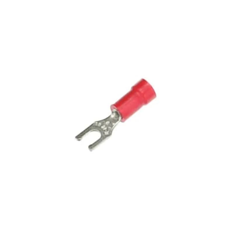 Vinyl-Insulated Locking Fork Terminal, Length .97 Inches, Width .25 Inches, Maximum Insulation .150, Bolt Hole #6, Wire Range #22-#18 AWG, Color Red, Copper, Tin Plated, 1,000 Pack
