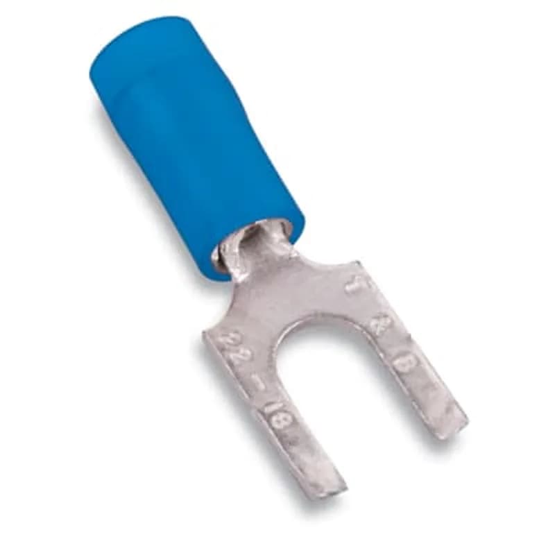 Nylon Insulated Fork Terminal with Flanged Tongue, Length .94 Inches, Width .38 Inches, Maximum Insulation .162, Bolt Hole #10, Wire Range #18-#14 AWG, Color Blue, Copper, Tin Plated, 100 Pack