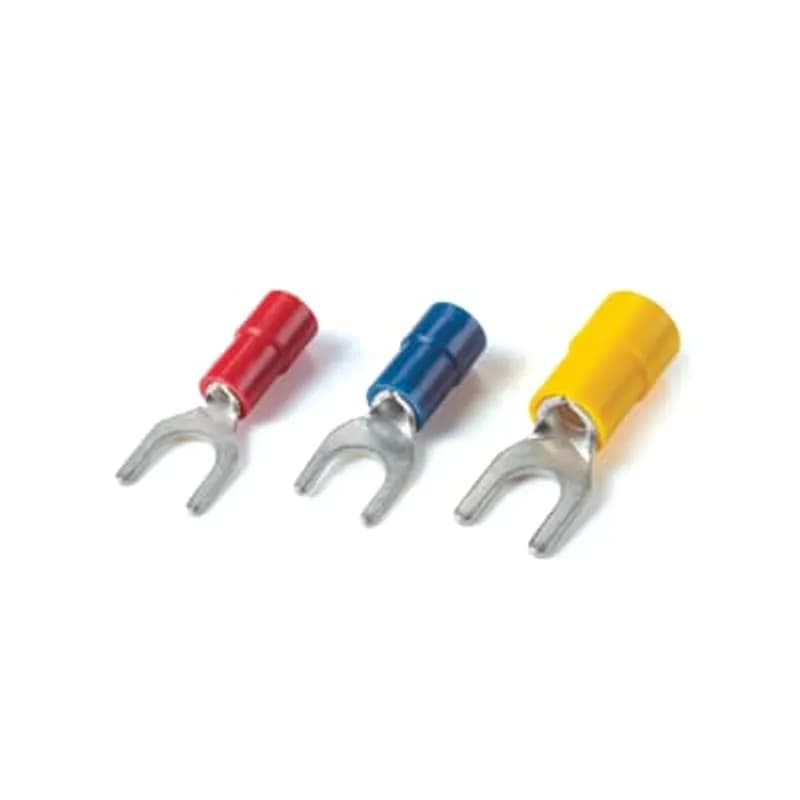 Vinyl Insulated Fork Terminal, Length .899 Inches, Width .310 Inches, Maximum Insulation .170, Bolt Size #8, Wire Range #16-#14 AWG, Color Blue, Copper, Tin Plated