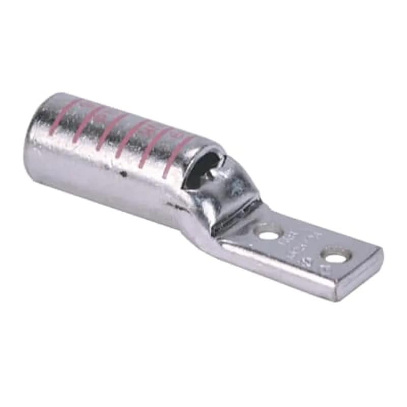 Copper Two-Hole Lug, Long Barrel - Narrow Tongue, Peep Hole, Max 35kV, Wire Size 700 kcmil, 3/8 Inch Bolt Size, 1 Inch Hole Spacing, Tin Plated, Die Code 42, Die Color Code Pink