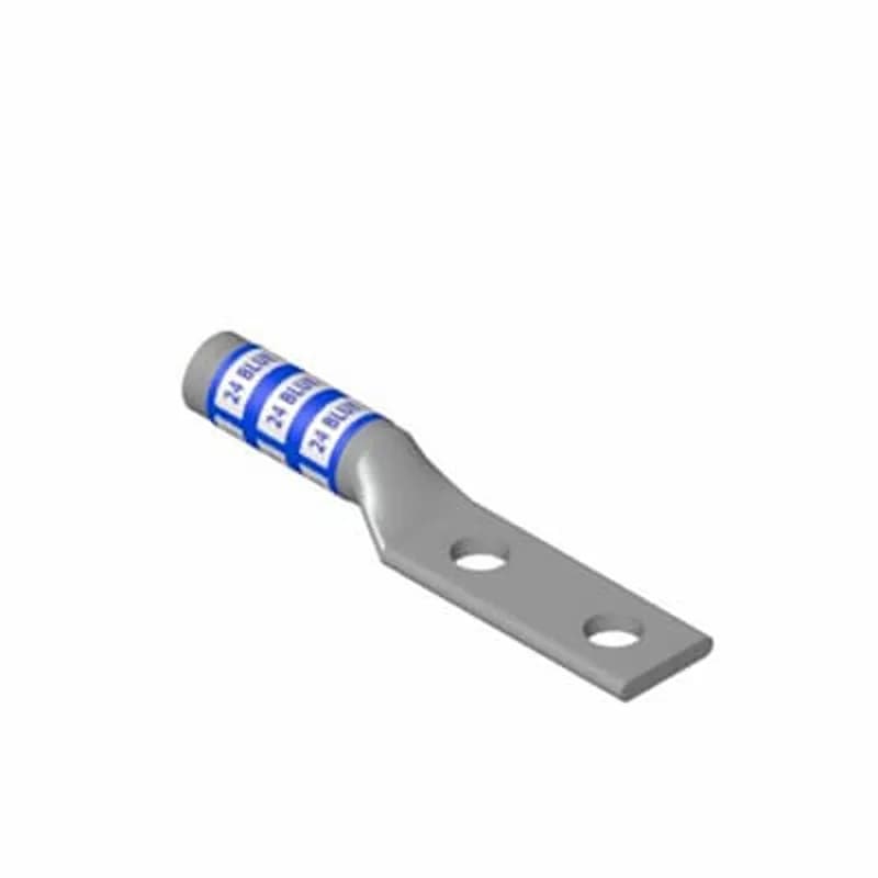 Copper Two-Hole Lug, Long Barrel, Peep Hole, Max 35kV, Wire Size #6 AWG, 1/4 Inch Bolt Size, 1 Inch Hole Spacing, Tin Plated, Die Code 24, Die Color Code Blue
