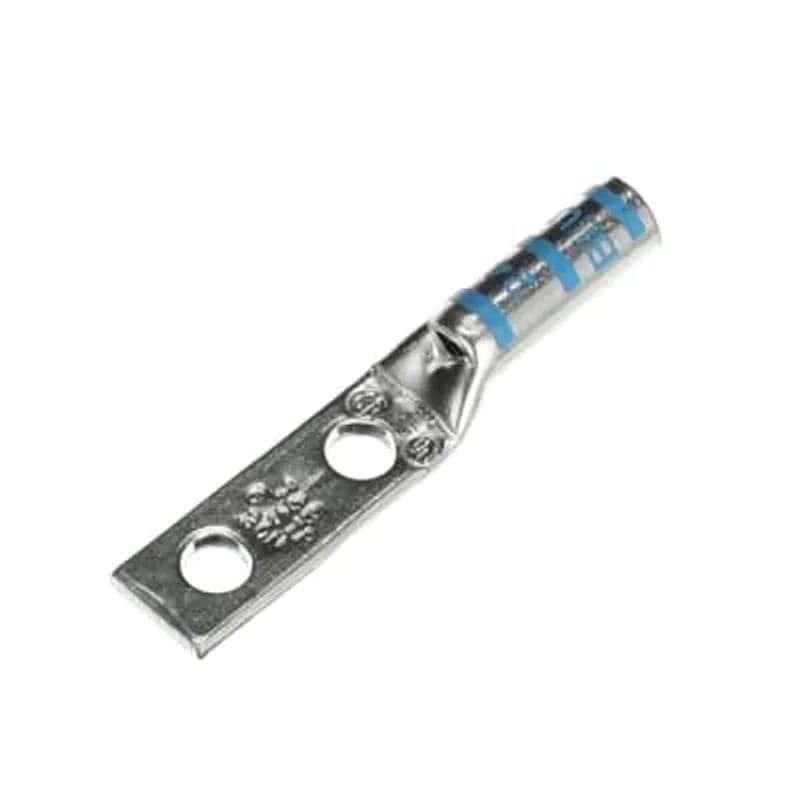 Copper Two-Hole Lug, Long Barrel, Peep Hole, Max 35kV, Wire Size #6 AWG, #10 Bolt Size, 5/8 Inch Hole Spacing, Tin Plated, Die Code 24, Die Color Code Blue