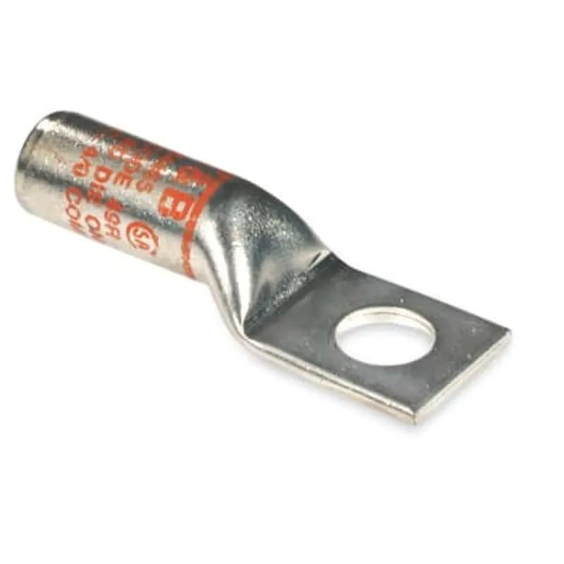 Copper One-Hole High Voltage Lug, Long Barrel, Blind End, Max 15kV, Wire Size 2/0 AWG, 1/2 Inch Bolt Size, Tin Plated, Die Code 45R, Black Rounding