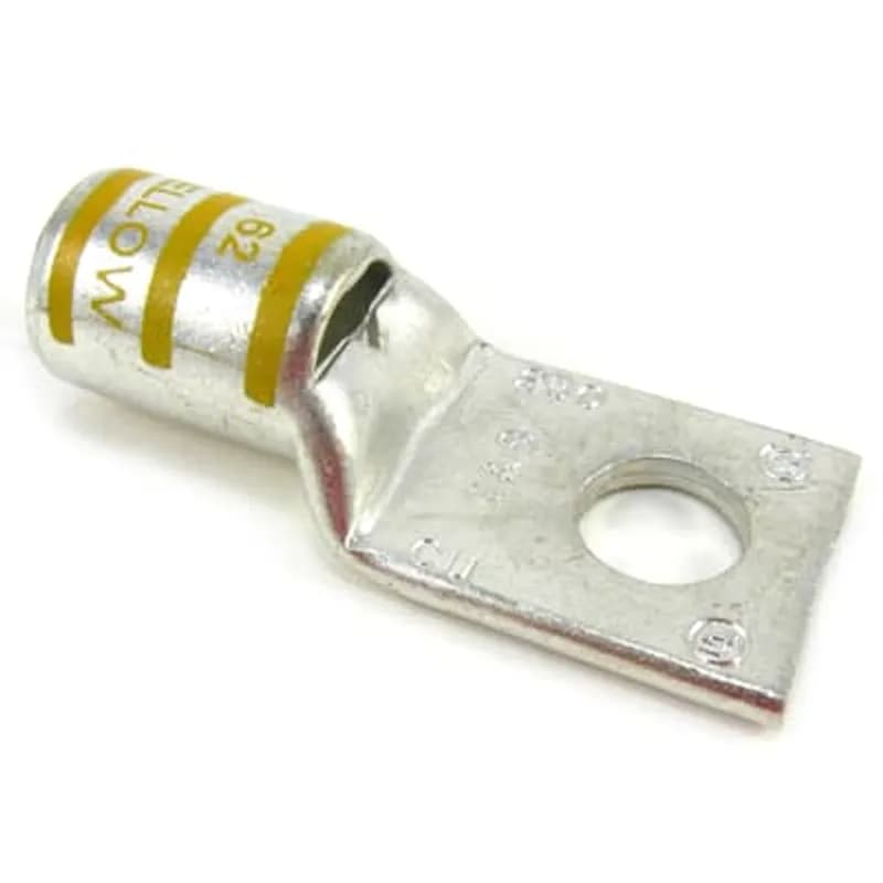 Copper One-Hole Lug, Standard Barrel - Top Stacking, Peep Hole, Max 35kV, Wire Size 4/0 Flex, 3/8 Inch Bolt Size, Tin Plated, Die Code 62, Die Color Code Yellow