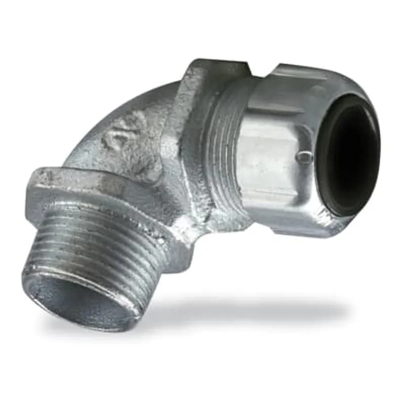 ABB - Installation Products 4972 - Liquidtight Strain Relief Connector, 3/4 Inch, 90 Degree Bend, Cord Range 0.500 to 0.750 Inch, Throat Diameter 25/32 Inch, Malleable Iron Body, Steel Gland, Plastic Grip, Santropene Bushing